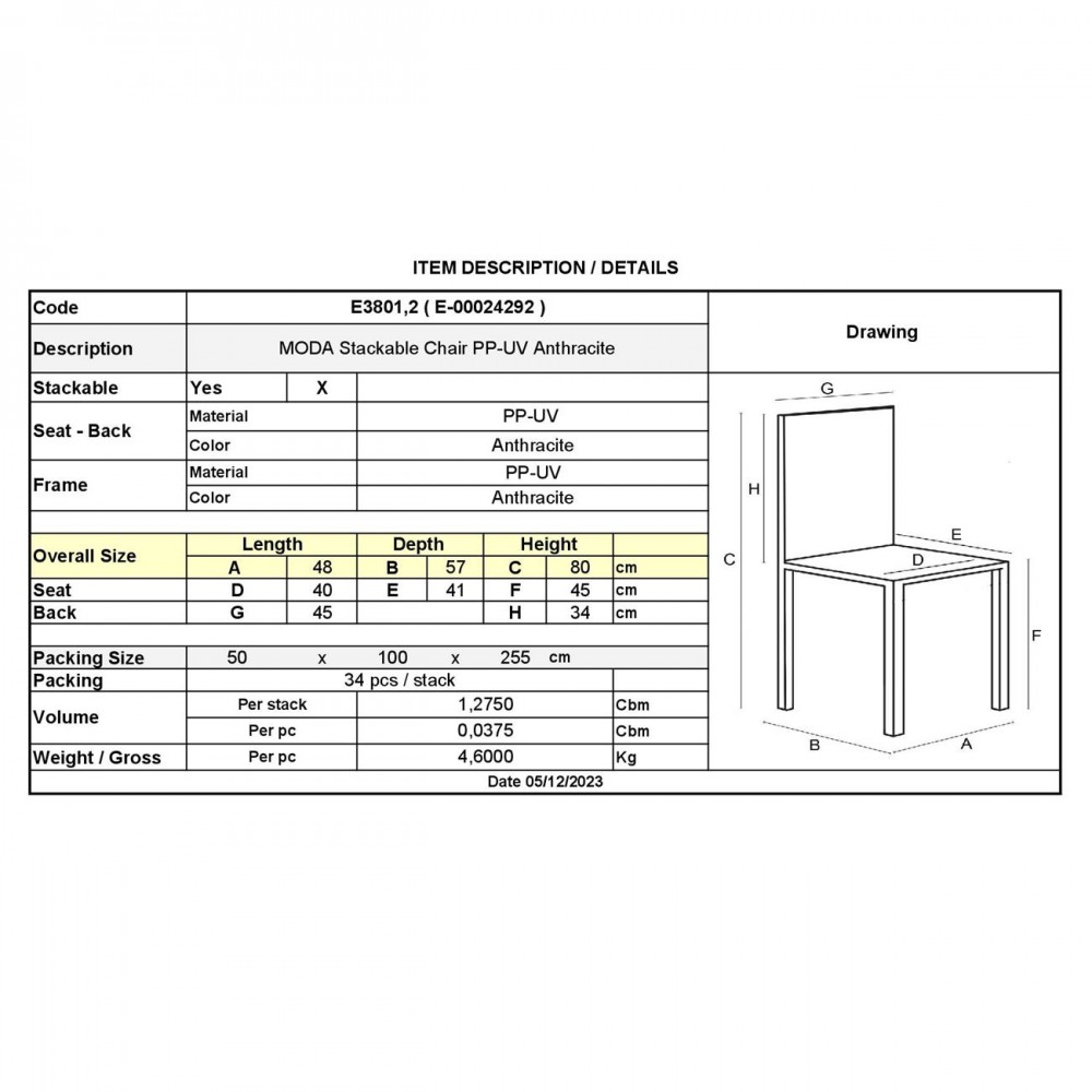 Moda Καρέκλα Στοιβαζόμενη Pp - Uv Ανθρακί 48x57x80cm 