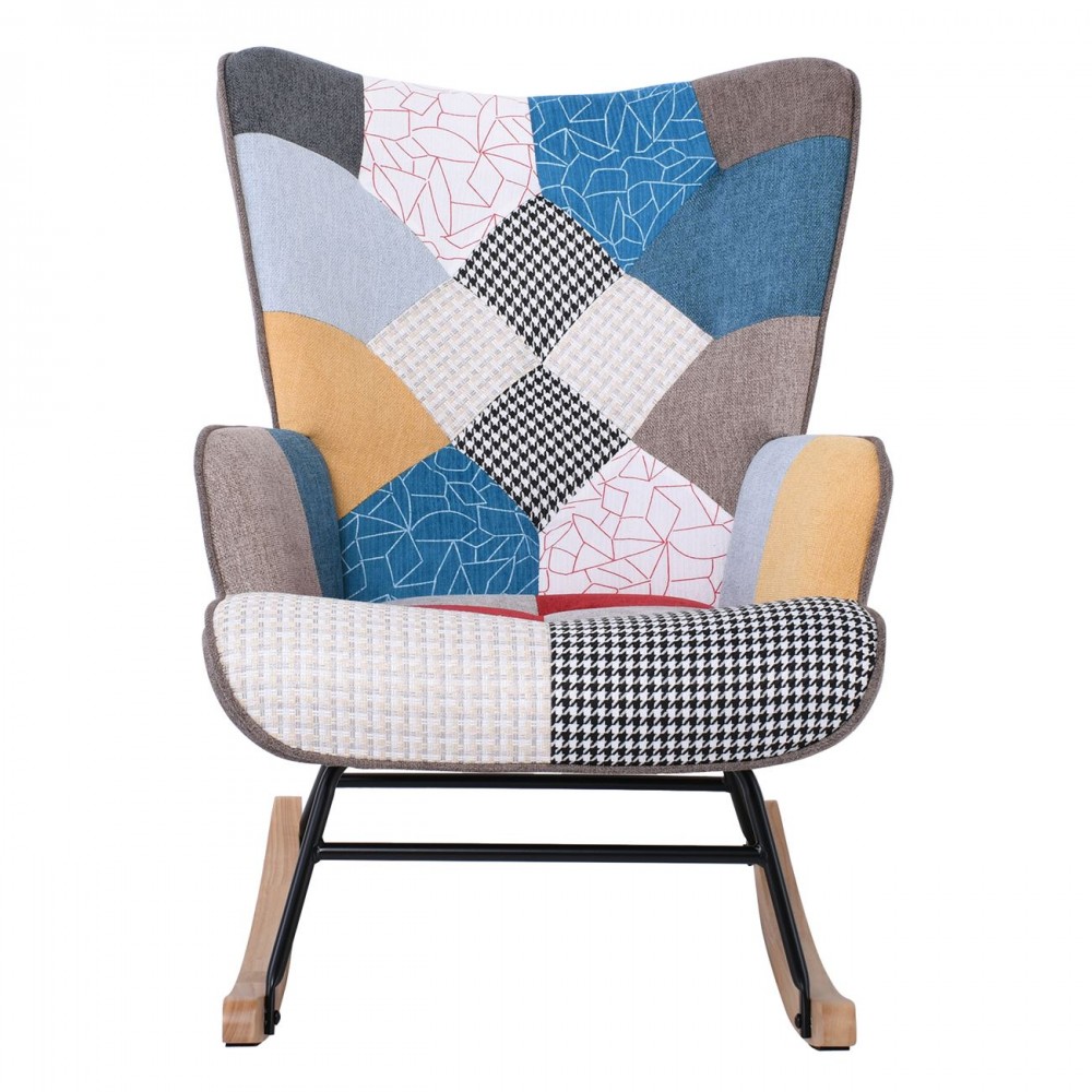 Alma Rocking Πολυθρόνα Μπερζέρα Καθιστικού, Ύφασμα Patchwork, Βάση Μαύρο-Φυσικό