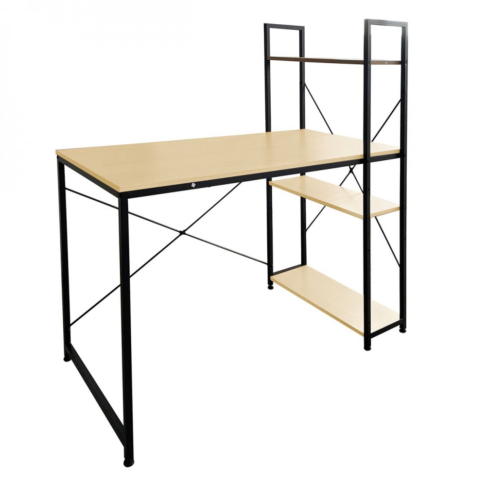 Γραφειο Η/Υ Με 4 Ράφια Μέταλλο Βαφή Μαύρο, Melamine Beech