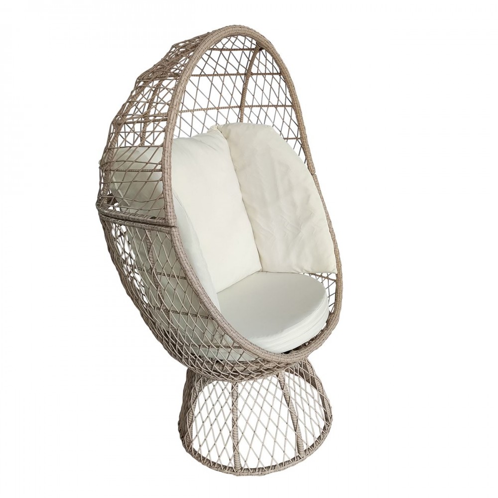 Crown Πολυθρόνα Egg, Wicker Εκρού, Μαξιλάρι Άσπρο