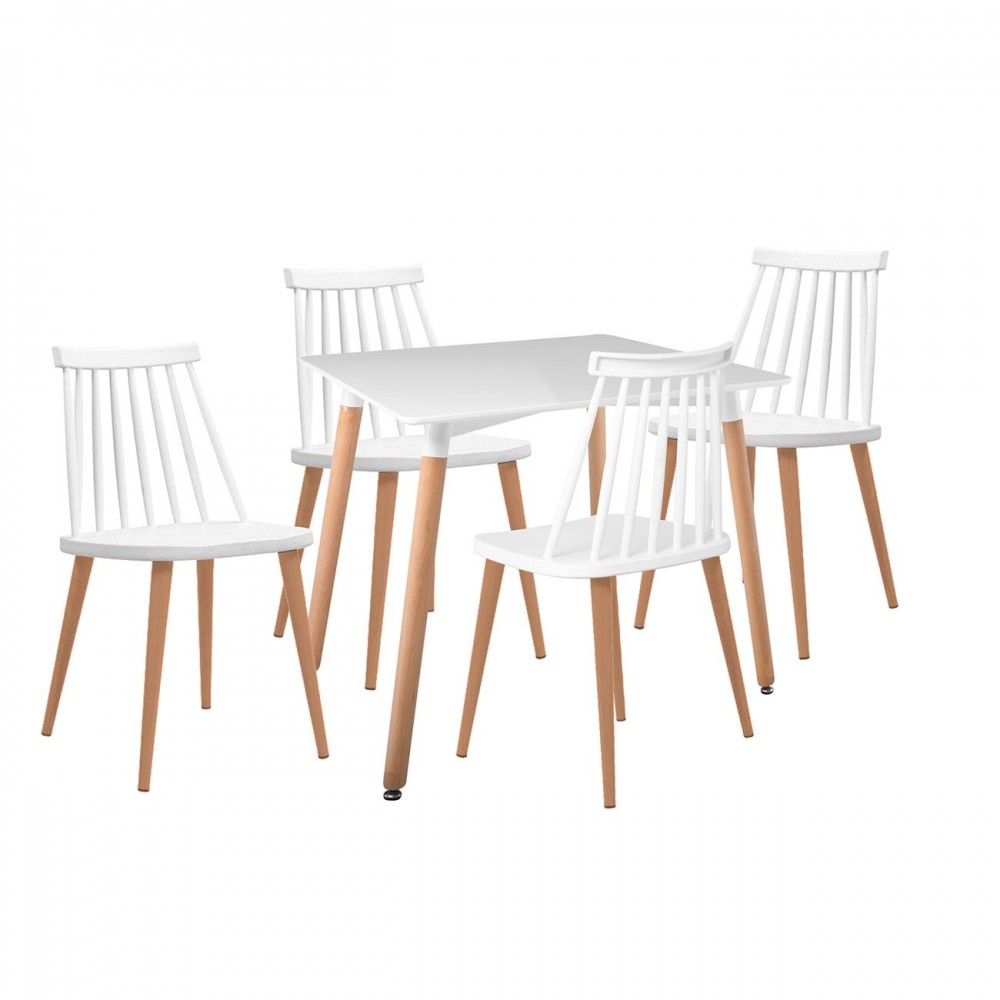 Lavida-Art Τραπεζαρία: Τραπέζι 80X80 Οξιά/Mdf + 4 Καρέκλες Μέταλλο Βαφή Φυσικό Pp Άσπρο