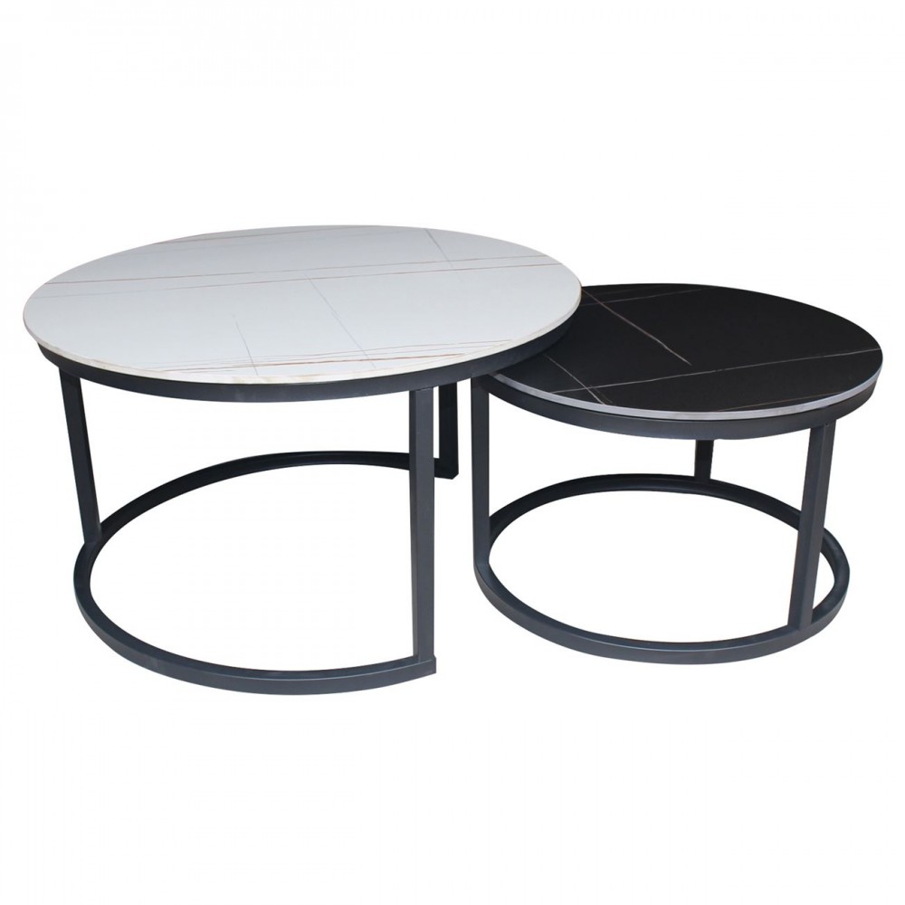 Terry Set2 Τραπεζάκια Σαλονιού , Μέταλλο Βαφή Μαύρο, Sintered Stone White-Black Marble