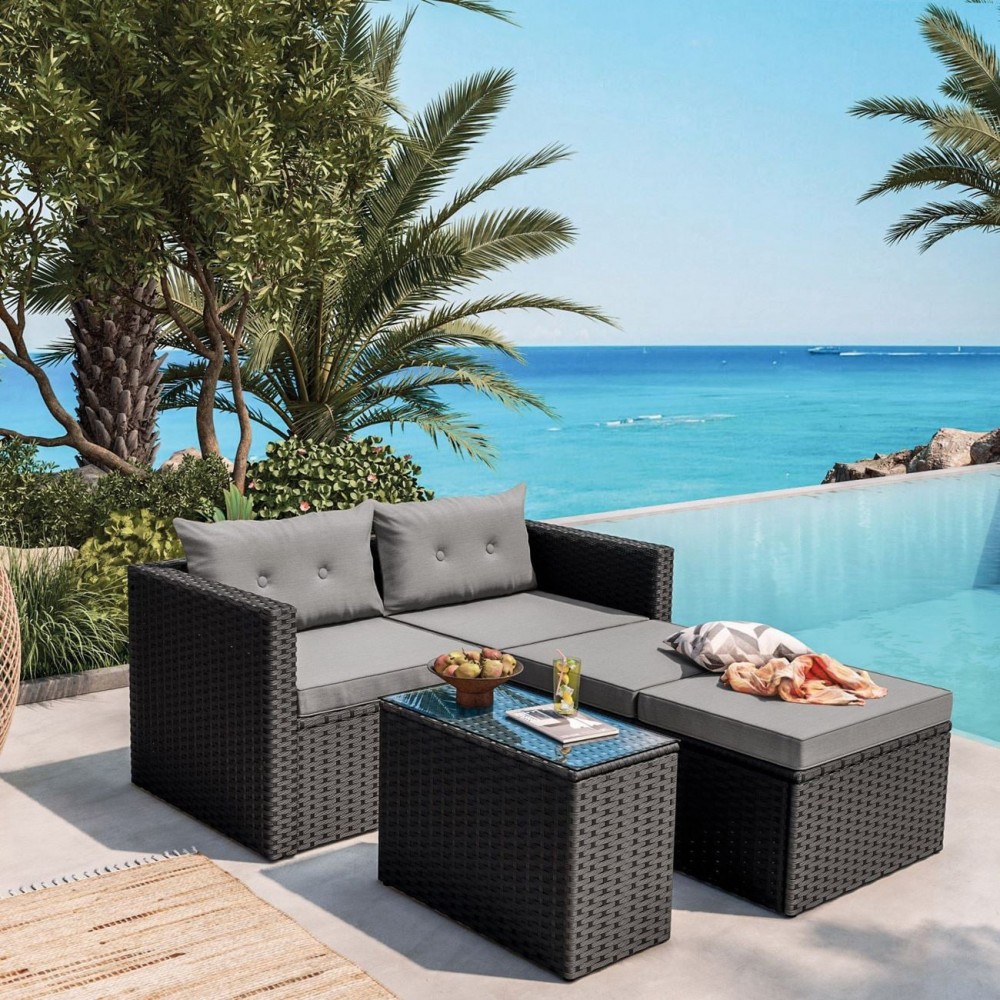 Jakarta Set Σαλόνι Κήπου K/D, Πολυμορφικό 5Τ, Μέταλλο-Wicker Μαύρο, Μαξιλάρια Γκρι