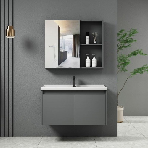 Idea-1 Set Έπιπλο Κρεμαστό Μπάνιου Γκρι, Καθρέπτης + Πάγκος Με Νιπτήρα Και Μπαταρία