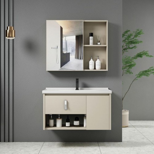 Idea-2 Set Έπιπλο Κρεμαστό Μπάνιου Cream, Καθρέπτης + Πάγκος Με Νιπτήρα Και Μπαταρία
