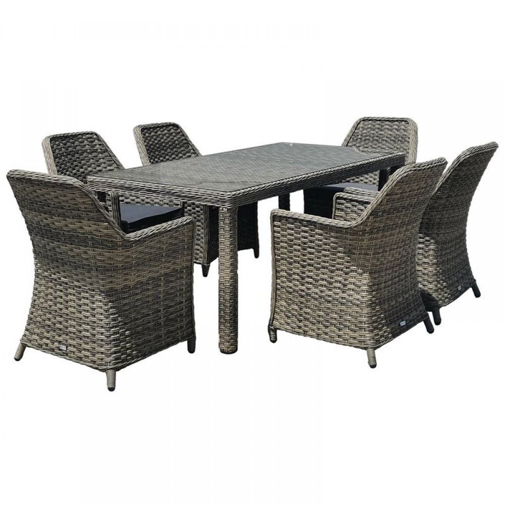Esperia Set Τραπεζαρία Κήπου Alu,Wicker Grey Brown-Ανθρακί: Τραπέζι 180X90 + 6 Πολυθρόνες