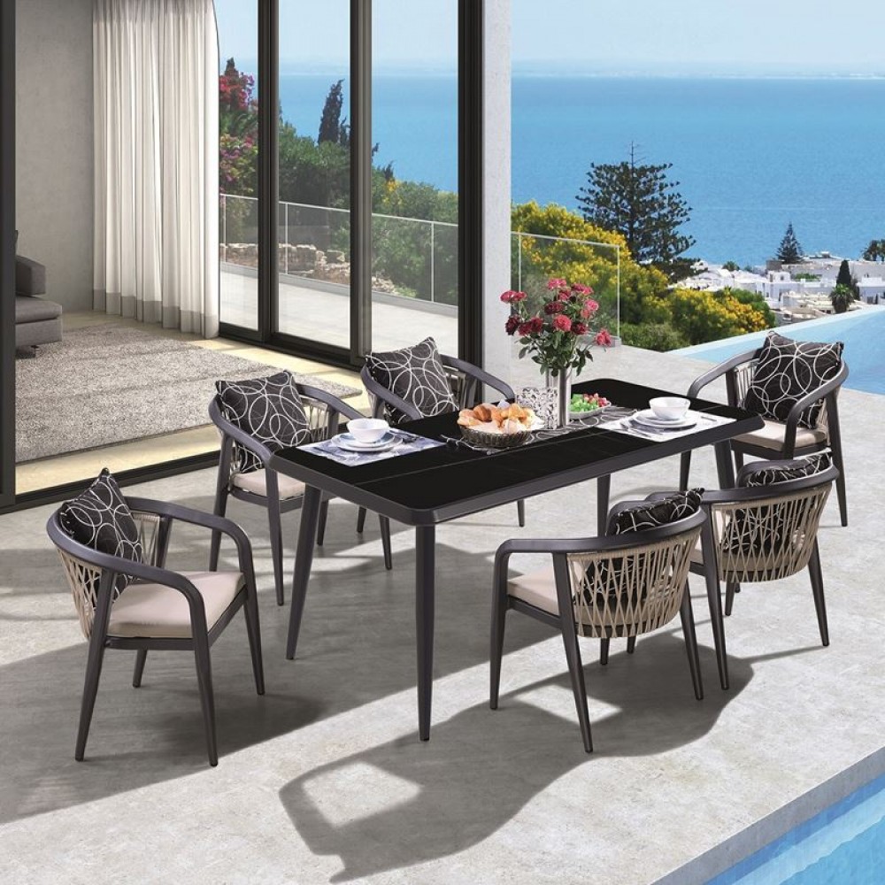 Jardin Τραπεζαρία Alu Ανθρακί, Hpl Μαύρο,Rope Μπεζ: Τραπέζι + 6 Πολυθρόνες Με Μαξιλάρια