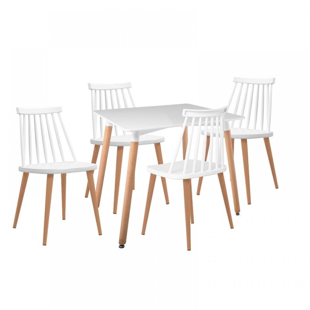 Lavida-Art Τραπεζαρία: Τραπέζι 80X80 Οξιά/Mdf + 4 Καρέκλες Μέταλλο Βαφή Φυσικό Pp Άσπρο