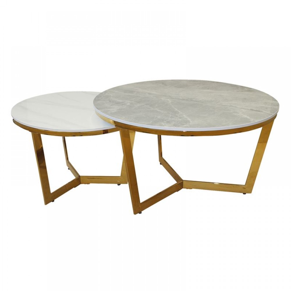 Otto Set 2 Τραπεζάκια Σαλονιού , Χρώμιο Χρυσό, Sintered Stone Grey-White Marble