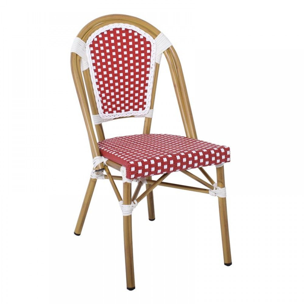 Paris Καρέκλα Bistro, Αλουμίνιο Φυσικό, Wicker Άσπρο - Κόκκινο, Στοιβαζόμενη
