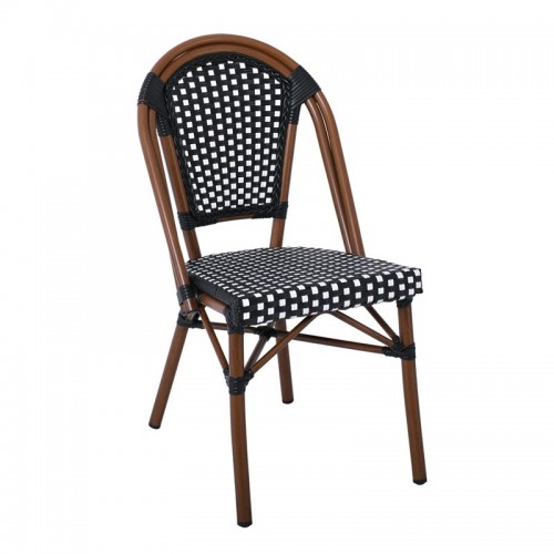 Paris Καρέκλα Bistro, Αλουμίνιο Καρυδί, Wicker Άσπρο - Μαύρο, Στοιβαζόμενη