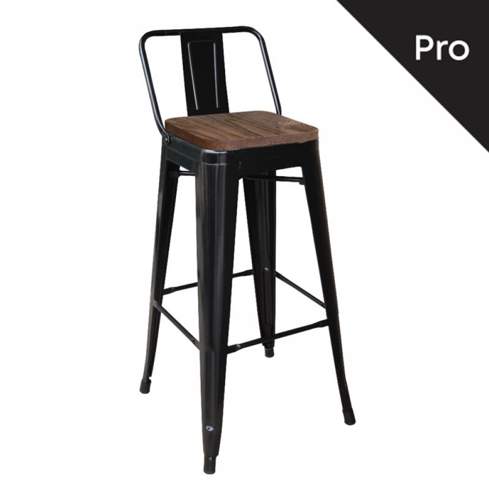 Relix Wood Σκαμπό Bar Με Πλάτη, Μέταλλο Βαφή Μαύρο Μatte, Ξύλο Απόχρωση Dark Oak