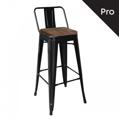 Relix Wood Σκαμπό Bar Με Πλάτη, Μέταλλο Βαφή Μαύρο Μatte, Ξύλο Απόχρωση Dark Oak