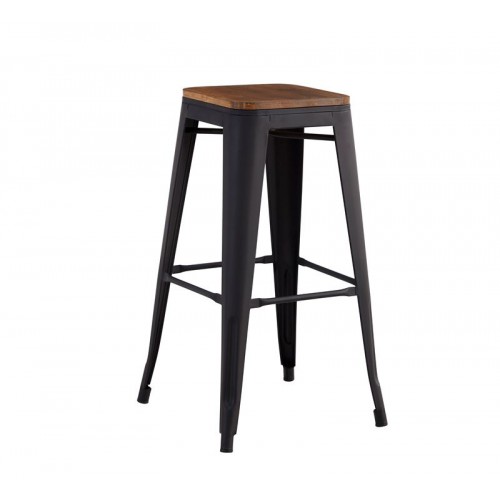 Relix Wood Σκαμπό Bar, Μέταλλο Βαφή Μαύρο Matte, Κάθισμα Dark Oak, Στοιβαζόμενο