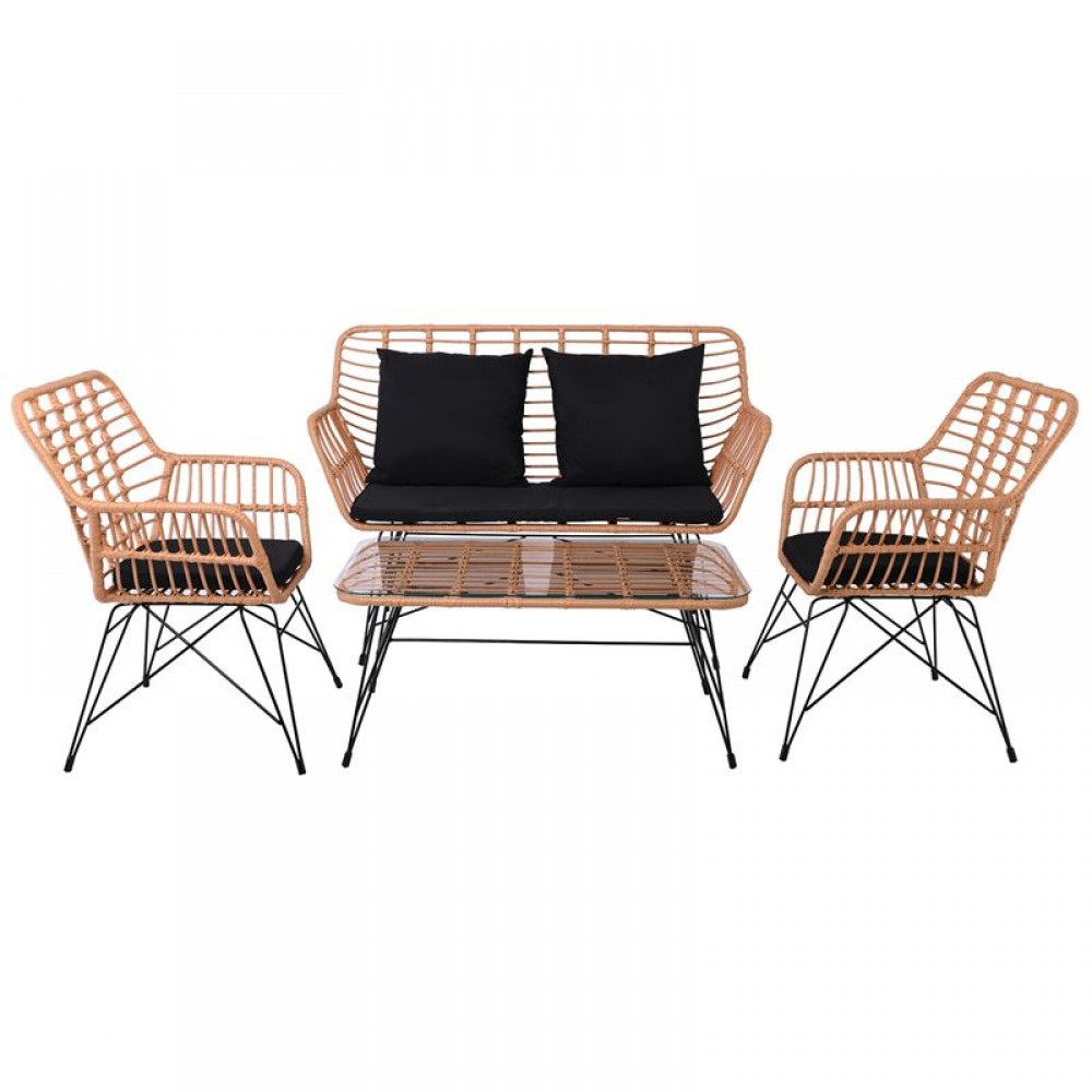 Salsa Set Σαλόνι Κήπου Μεταλ. Μαύρο, Wicker Φυσικό: Τραπέζι + Καναπέ 2Θέσιο + 2 Πολυθρόνες