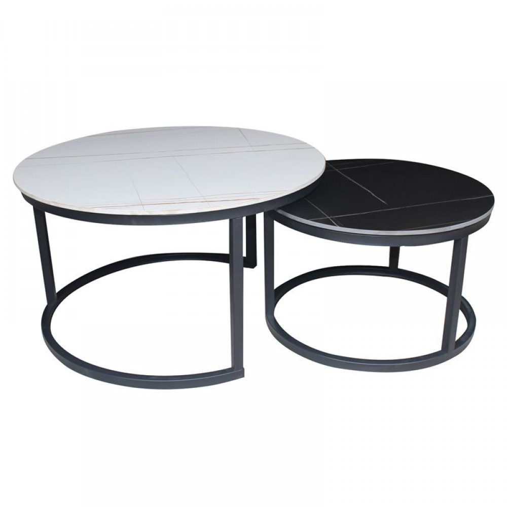 Terry Set2 Τραπεζάκια Σαλονιού , Μέταλλο Βαφή Μαύρο, Sintered Stone White-Black Marble