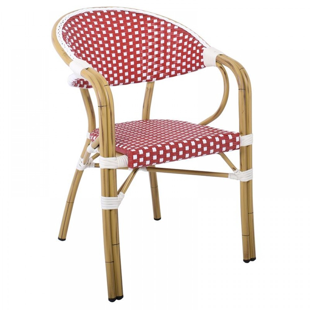 Vegera Πολυθρόνα Dining Αλουμίνιο Φυσικό, Wicker Άσπρο - Κόκκινο, Στοιβαζόμενη