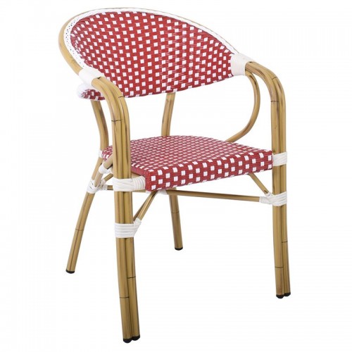 Vegera Πολυθρόνα Dining Αλουμίνιο Φυσικό, Wicker Άσπρο - Κόκκινο, Στοιβαζόμενη