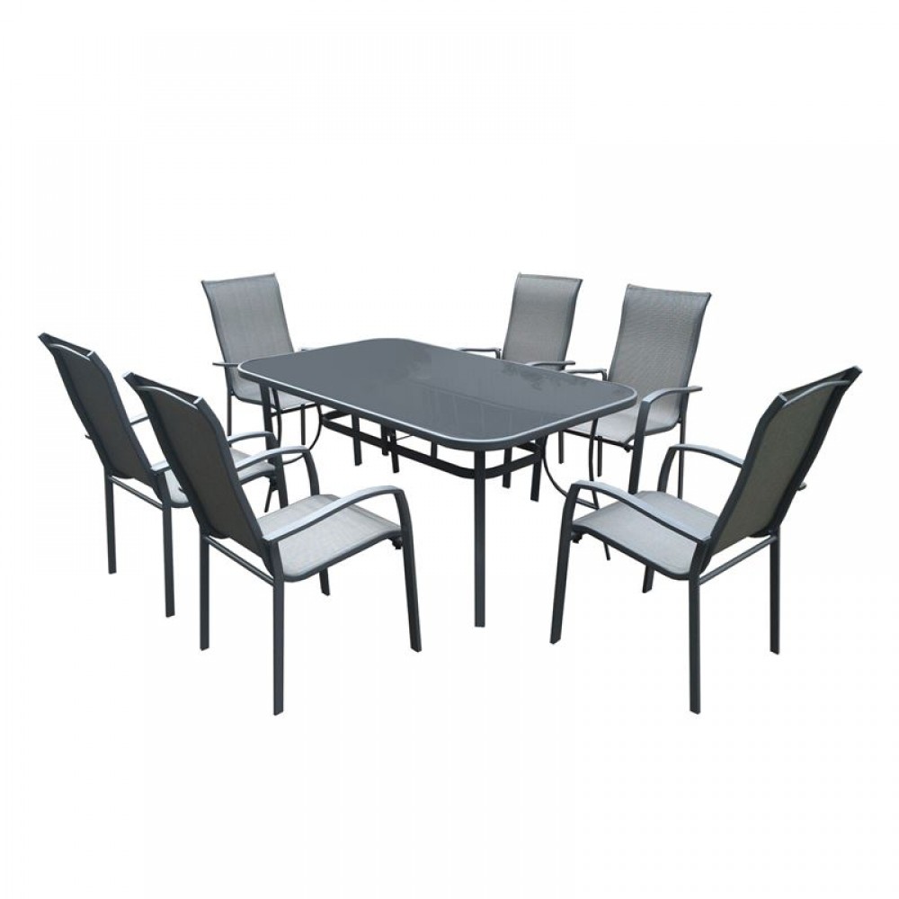 Verona Set(Τραπέζι 160X96+6 Πολυθρόνες) Μετ.ανθρακί/silk Screen/textil.γκρι