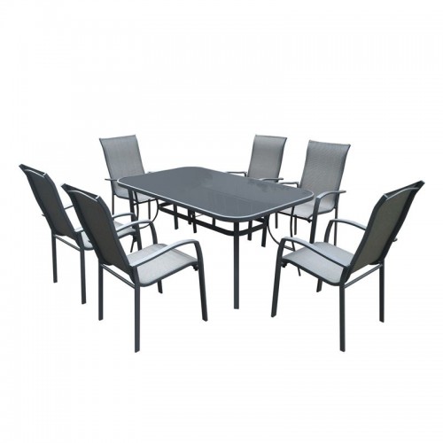 Verona Set(Τραπέζι 160X96+6 Πολυθρόνες) Μετ.ανθρακί/silk Screen/textil.γκρι