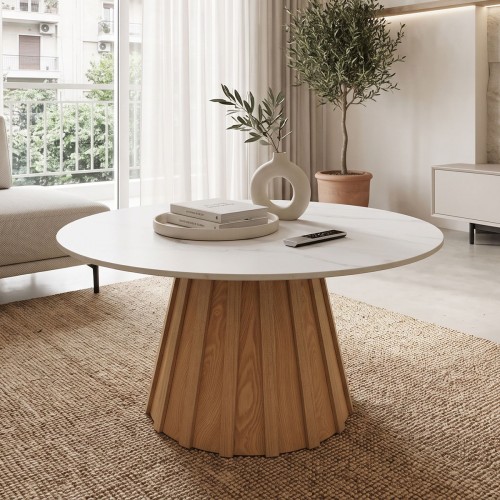 Τραπέζι Σαλονιού Franzel Pakoworld Sintered Stone Σε Όψη Μαρμάρου-Mdf Σε Φυσική Απόχρωση Φ80X40Εκ