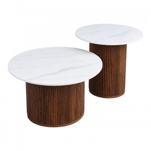 Τραπέζι Σαλονιού Skerta Pakoworld Σετ 2Τεμ Λευκό Sintered Stone Mdf Με Καρυδί Βάση