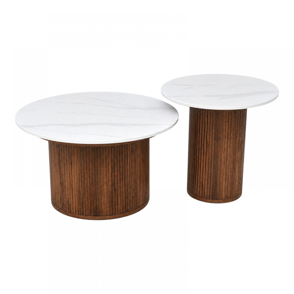 Τραπέζι Σαλονιού Skerta Pakoworld Σετ 2Τεμ Λευκό Sintered Stone Mdf Με Καρυδί Βάση
