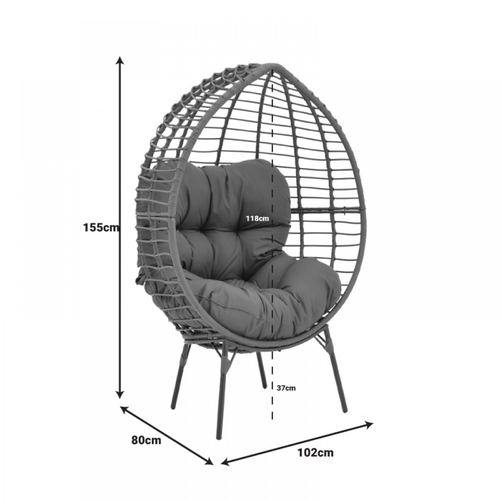 Πολυθρόνα Nestie Pakoworld Wicker Rattan Γκρι-Μεταλλικό Γκρι Πόδι-Γκρι Μαξιλάρι 102X80X155Εκ