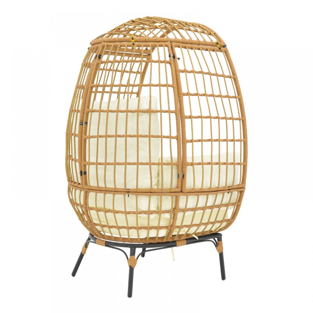 Πολυθρόνα Frox Pakoworld Wicker Rattan Φυσικό-Μεταλλικό Φυσικό-Μαύρο Πόδι-Μπεζ Μαξιλάρι 96X76X145Εκ