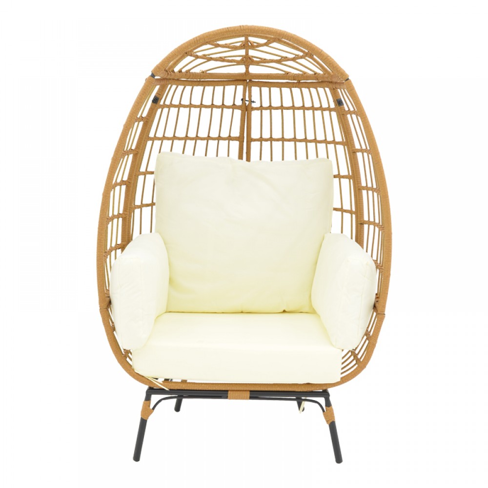 Πολυθρόνα Frox Pakoworld Wicker Rattan Φυσικό-Μεταλλικό Φυσικό-Μαύρο Πόδι-Μπεζ Μαξιλάρι 96X76X145Εκ