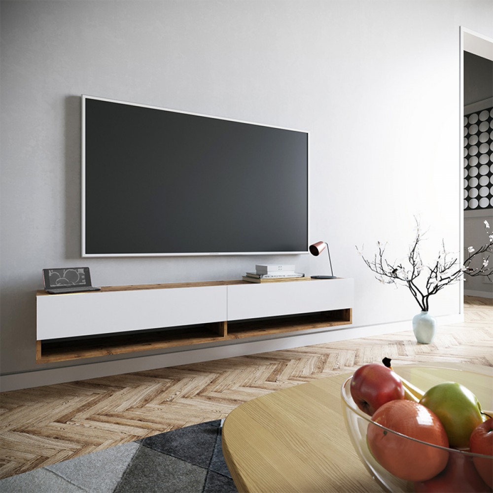 Έπιπλο Τηλεόρασης Επιτοίχιο Handra Pakoworld Λευκό-Oak 180X31,5X29,5Εκ