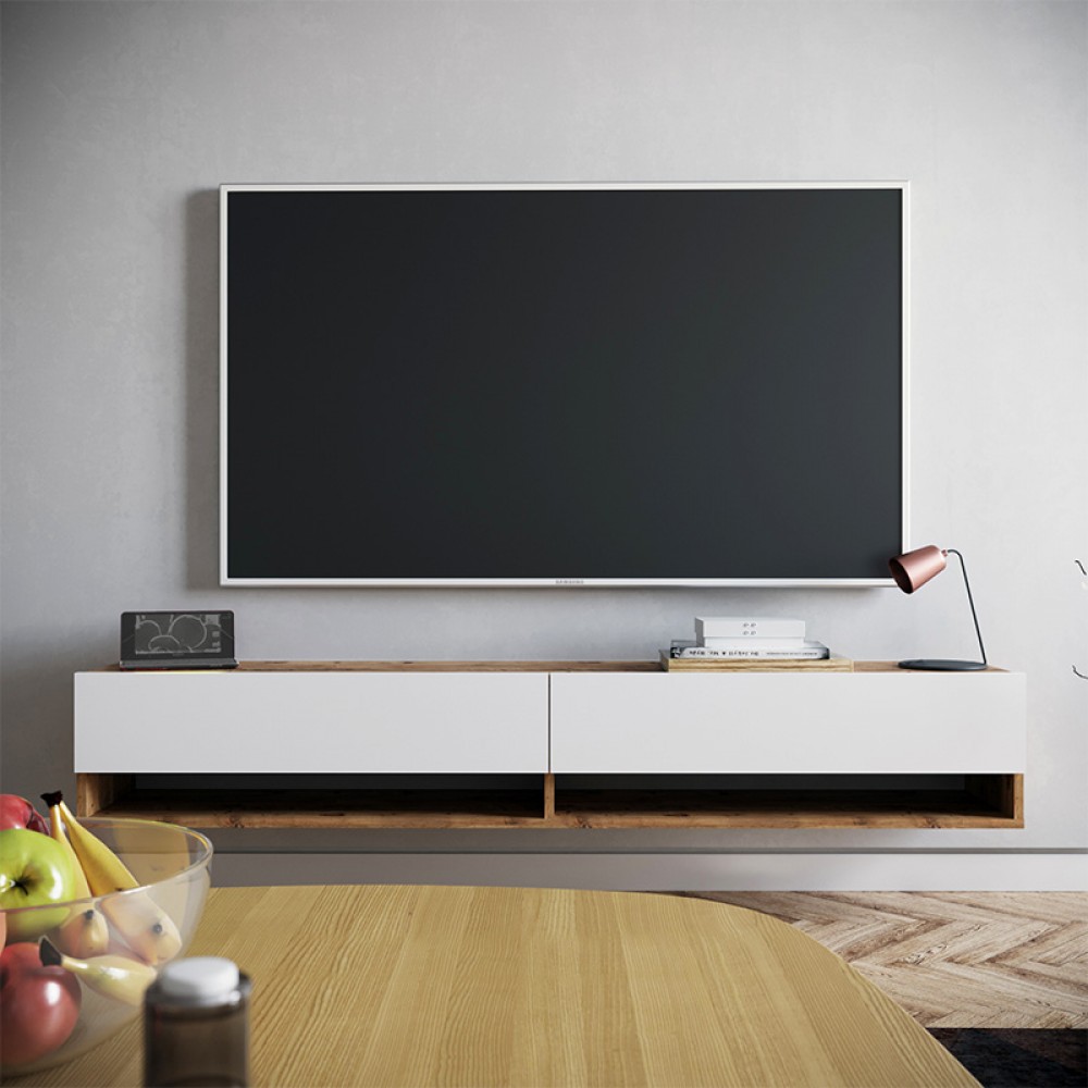 Έπιπλο Τηλεόρασης Επιτοίχιο Handra Pakoworld Λευκό-Oak 180X31,5X29,5Εκ