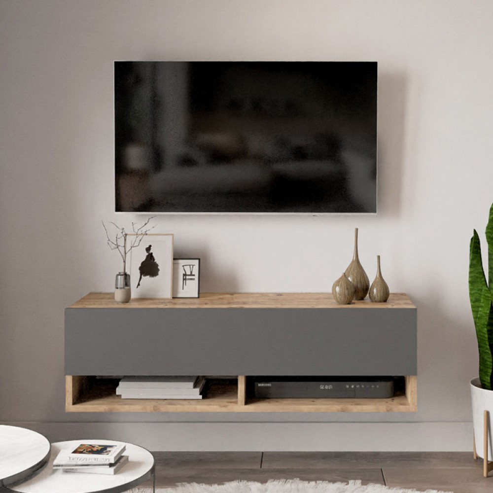 Έπιπλο Τηλεόρασης Επιτοίχιο Handra Pakoworld Ανθρακί-Oak 100X31,5X29Εκ