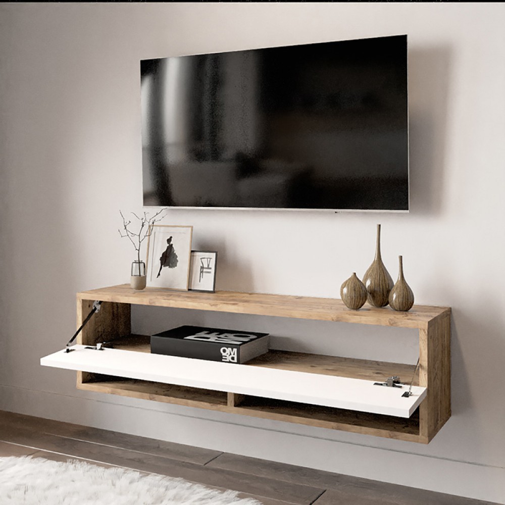 Έπιπλο Τηλεόρασης Επιτοίχιο Roscoe Pakoworld Λευκό-Oak 100X31.5X29.5Εκ