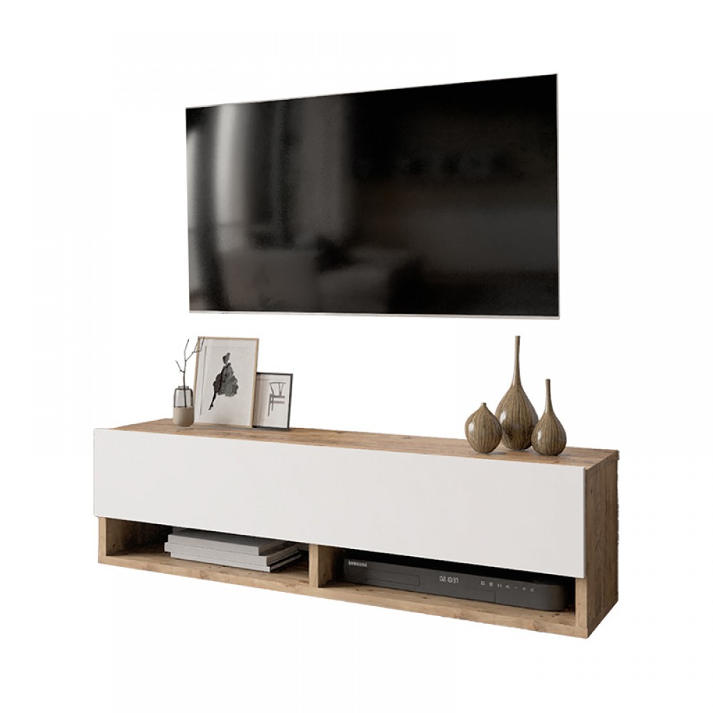 Έπιπλο Τηλεόρασης Επιτοίχιο Roscoe Pakoworld Λευκό-Oak 100X31.5X29.5Εκ