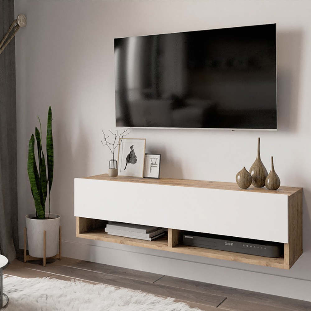 Έπιπλο Τηλεόρασης Επιτοίχιο Roscoe Pakoworld Λευκό-Oak 100X31.5X29.5Εκ