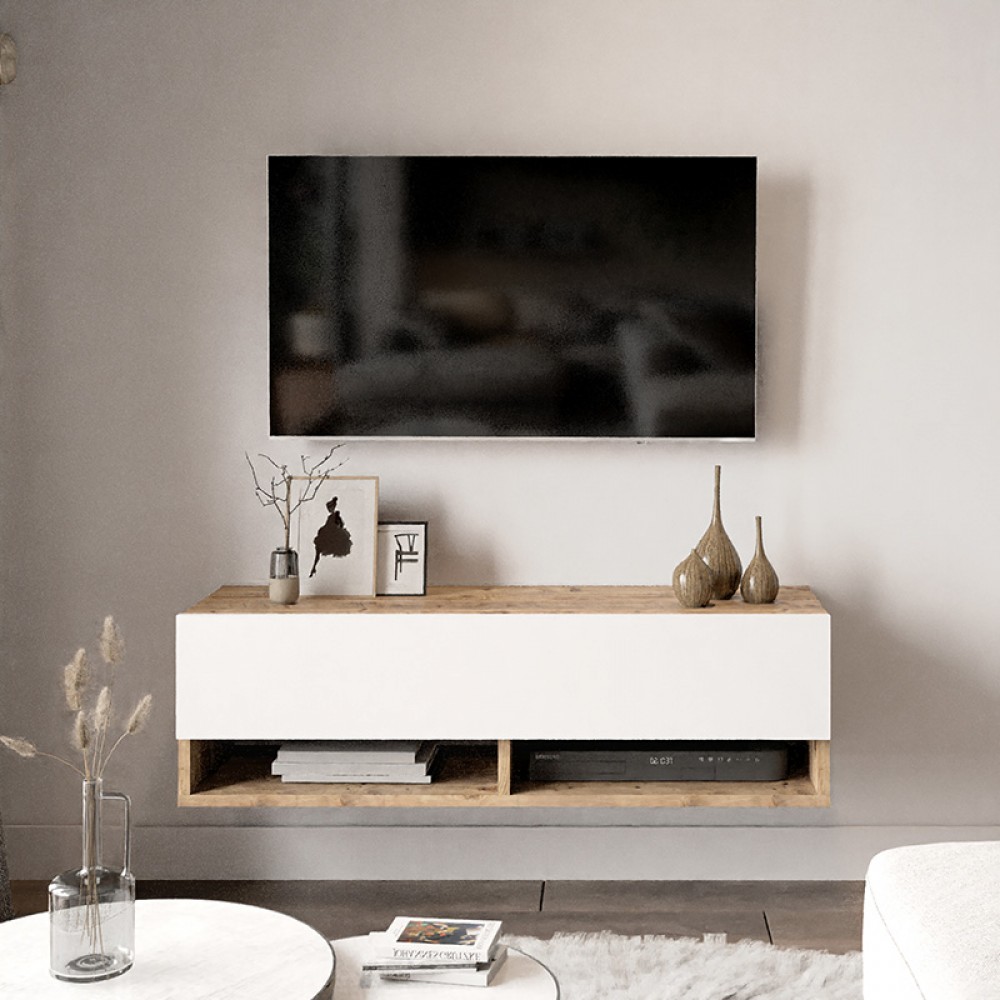 Έπιπλο Τηλεόρασης Επιτοίχιο Roscoe Pakoworld Λευκό-Oak 100X31.5X29.5Εκ