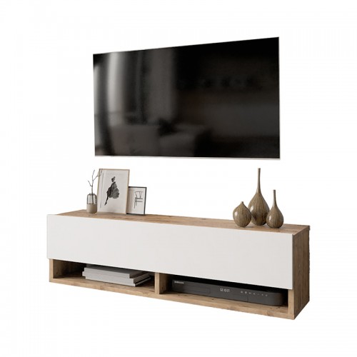 Έπιπλο Τηλεόρασης Επιτοίχιο Roscoe Pakoworld Λευκό-Oak 100X31.5X29.5Εκ