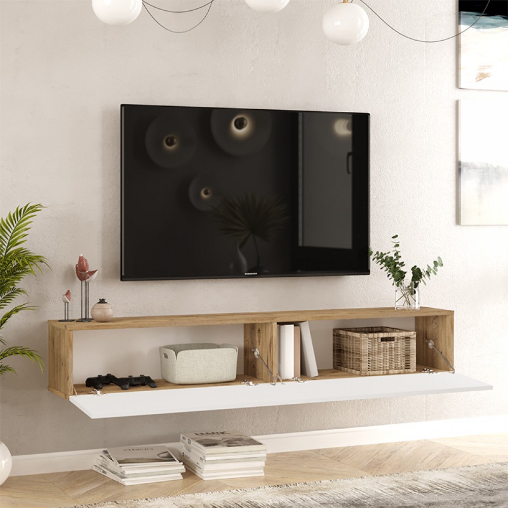 Έπιπλο Τηλεόρασης Επιτοίχιο Dello Pakoworld Λευκό-Oak 180X31.6X29.6Εκ