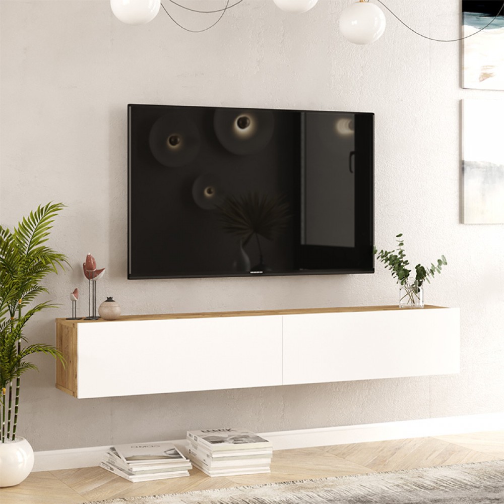Έπιπλο Τηλεόρασης Επιτοίχιο Dello Pakoworld Λευκό-Oak 180X31.6X29.6Εκ