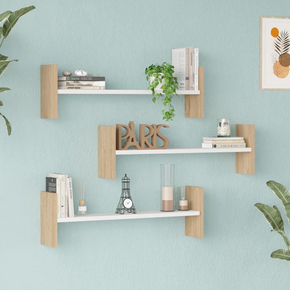 Ραφιέρα Τοίχου Mento Pakoworld Λευκό Με Oak 75,6X14,5X23,6Εκ