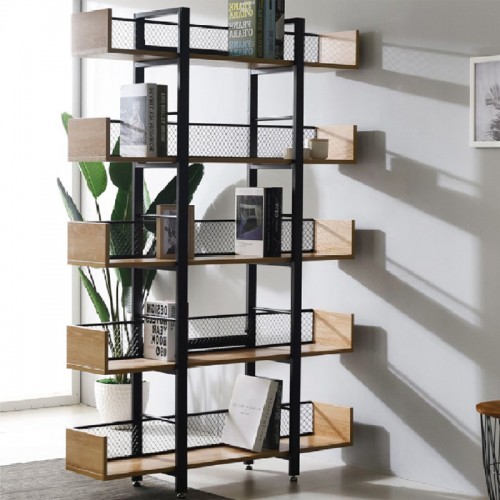 Βιβλιοθήκη Musha Pakoworld Μέταλλο Μαύρο Με Oak Απόχρωση 120X27X185Εκ