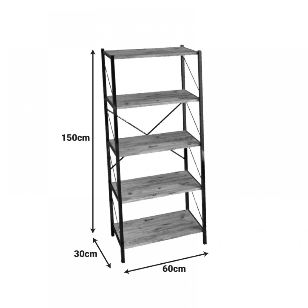 Βιβλιοθήκη Bimblem Pakoworld Oak Με Μαύρο Μέταλλο 60X30X150Εκ