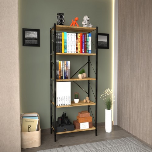 Βιβλιοθήκη Bimblem Pakoworld Oak Με Μαύρο Μέταλλο 60X30X150Εκ