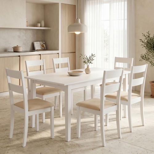 Τραπεζαρία Dallan Mabor Pakoworld 7Τεμ Λευκό Rubberwood 120-150X80X73,8Εκ