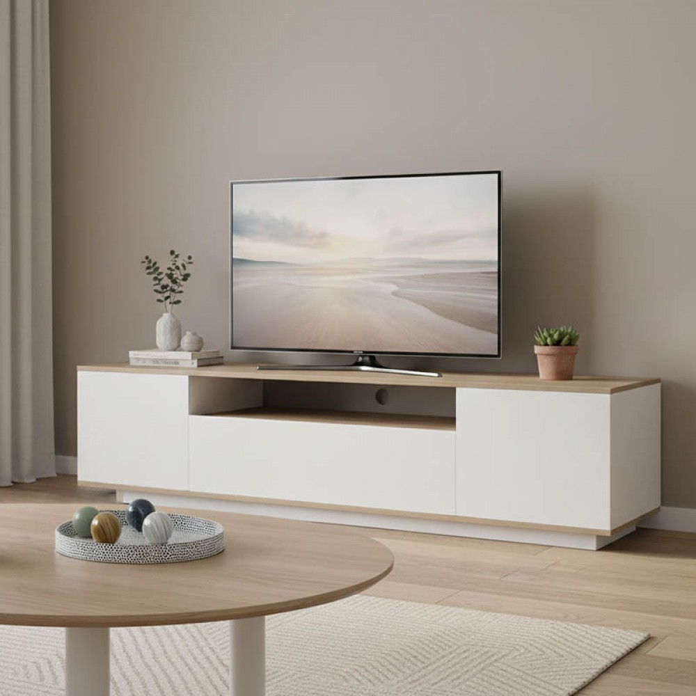 Έπιπλο Τηλεόρασης Winey Pakoworld Σε Sonoma-Λευκή Απόχρωση 180X44.5X44.5Εκ