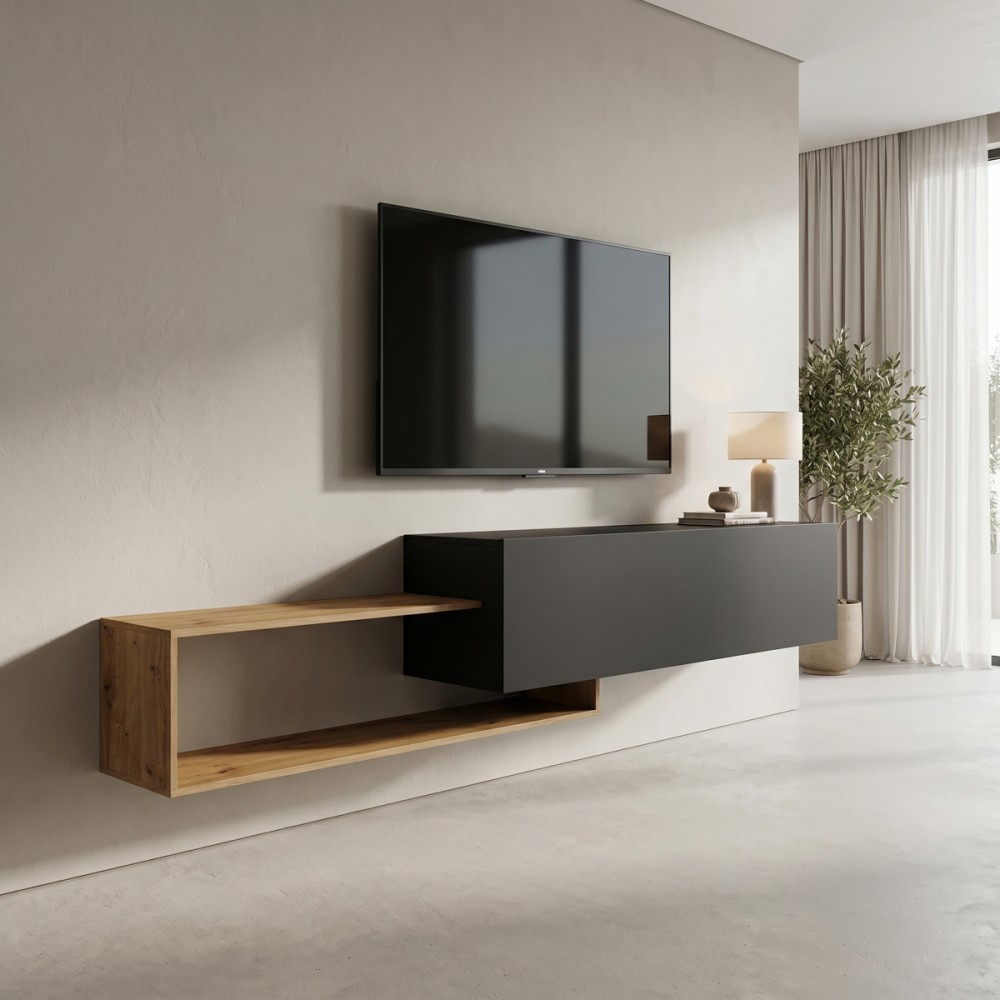 Έπιπλο Τηλεόρασης Επιτοίχιο Olande Pakoworld Oak-Μαύρο 210X35X48Εκ