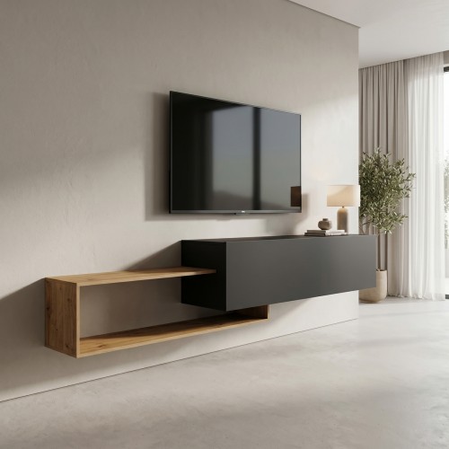 Έπιπλο Τηλεόρασης Επιτοίχιο Olande Pakoworld Oak-Μαύρο 210X35X48Εκ
