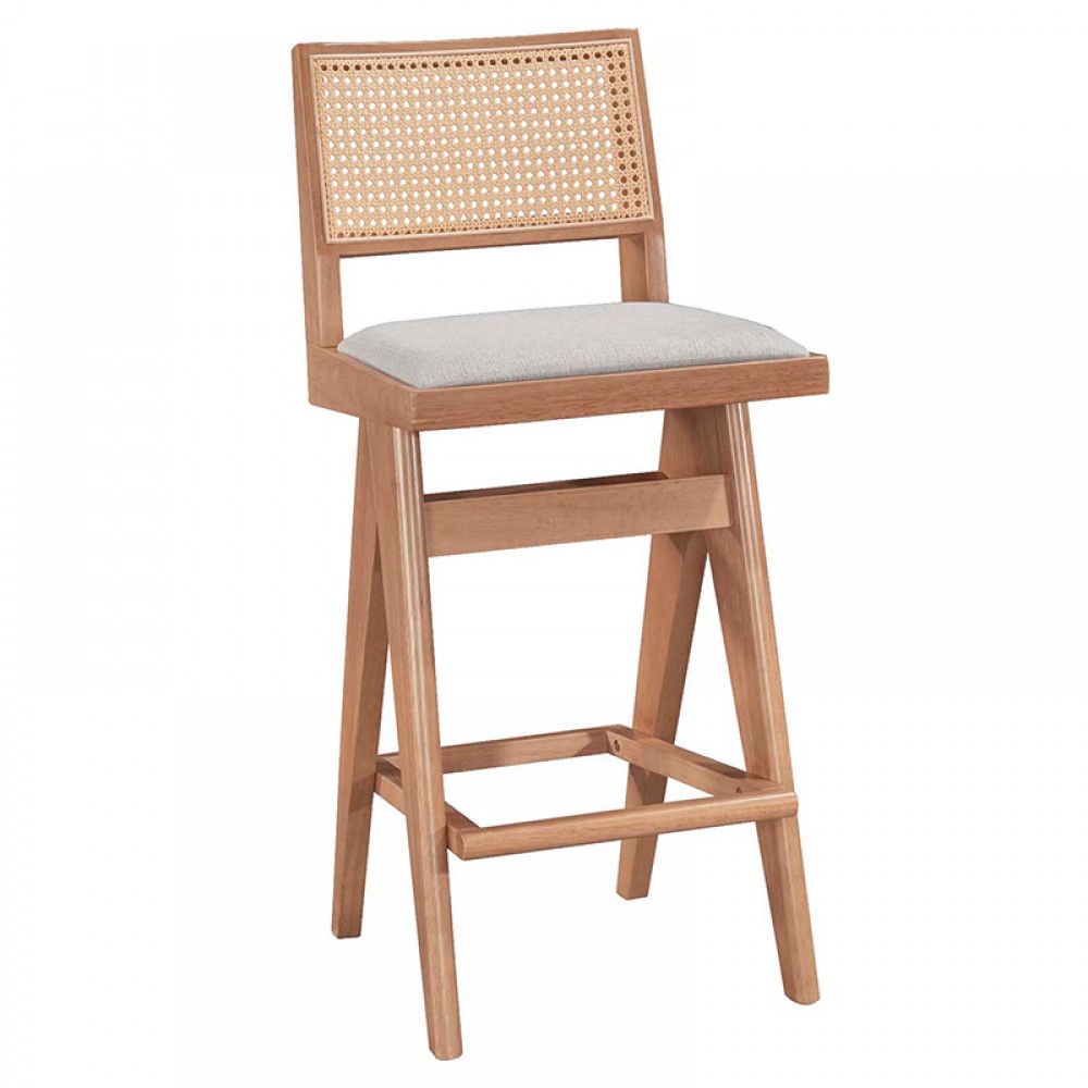 Σκαμπό Bar Winslow Pakoworld Ξύλο Rubberwood Ανοικτό Καρυδί-Pvc Rattan Φυσικό-Ύφασμα Γκρι 44.5X46X98Εκ