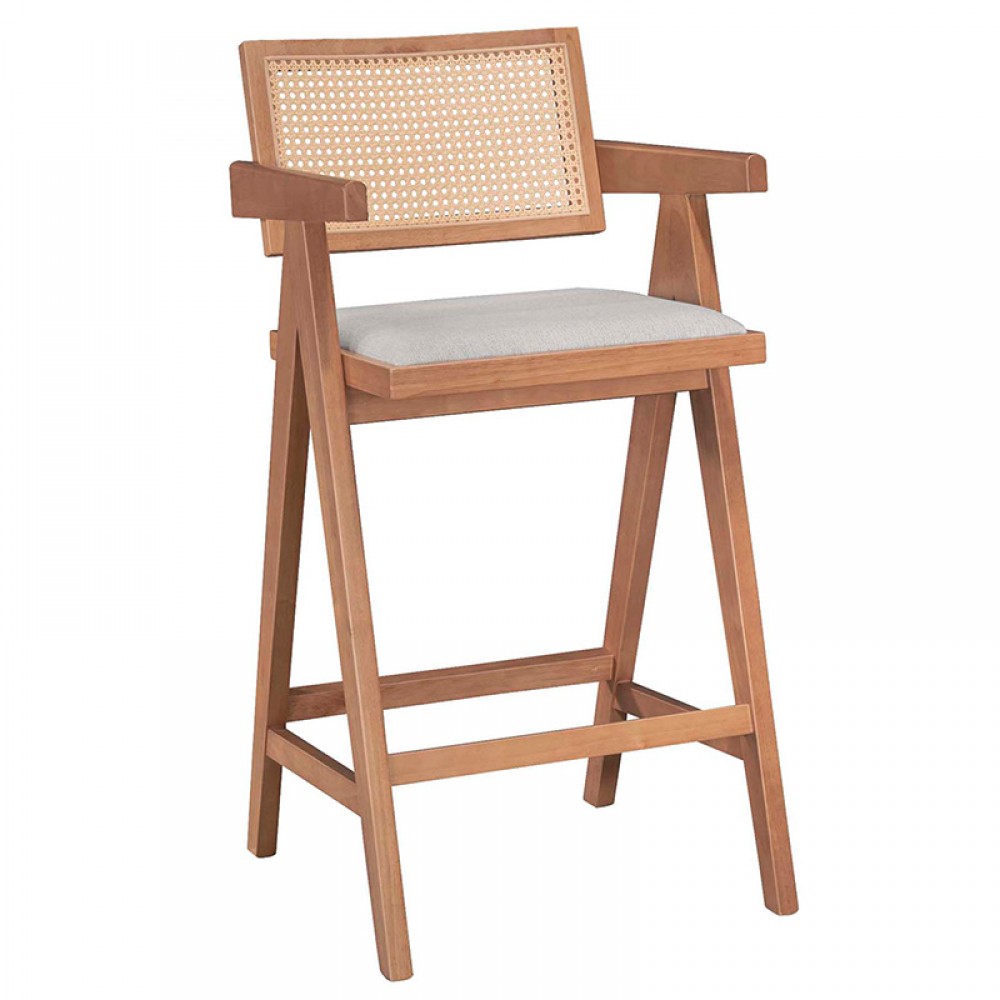 Σκαμπό Bar Winslow Pakoworld Ξύλο Rubberwood Ανοικτό Καρυδί-Pvc Rattan Φυσικό-Ύφασμα Γκρι